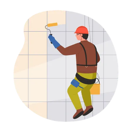 Industrial Climber Painting Wall Of Building Vector Illustration Cartoon Construction Or Repair Male Worker In Safety Belt And Helmet Holding Roller And Paint Bucket Work Of Rope Access Builder Illustration