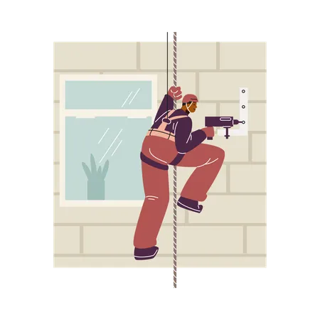 Industrial climber with a drill in his hands on a high-rise building  Illustration