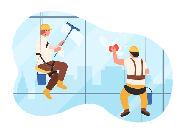 Industrial climbers clean windows of building  イラスト