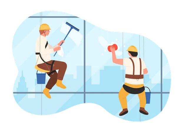 Industrial Climbers Clean Windows Of Office Building Vector Illustration Cartoon Alpinists With Security Belts And Helmets Cleaning Glass With Sponge And Squeegee Work Of Rope Access Washers イラスト