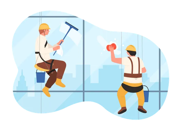 Industrial climbers clean windows of building  Illustration