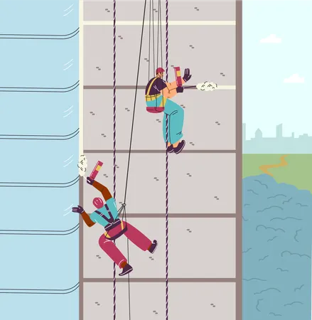 Industrial climbers in helmets, with insurance working on a high-rise building  Illustration