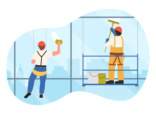Industrial Climbers Wash Glass Windows Of Office Building At Height Vector Illustration Cartoon Washer Alpinists Cleaning And Climbing High Up Facade With Rope Of Security Belt Hanging On Platform Illustration