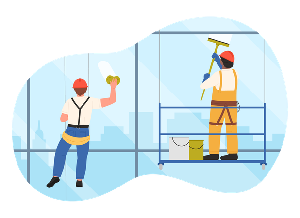 Industrial climbers wash glass windows of office building at height  Illustration