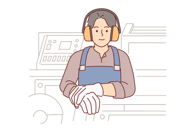 Industrial factory worker man in headphones protecting ears stands near milling machine  Illustration