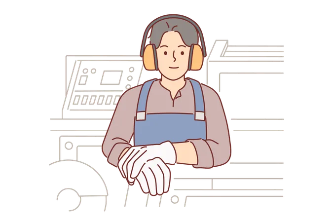 Industrial Factory Worker Man In Headphones Protecting Ears From Loud Sounds Stands Near Milling Machine Guy Industrialist Makes Career In Woodworking Factory Or Building Materials Production Illustration