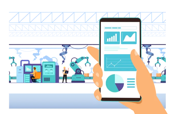 "Industrie 4.0-Überwachungs-App auf dem Smartphone und intelligenter automatisierter Produktionslinien-Workflow mit Arbeitern und Robotermaschinen im Hintergrund, künstliche Intelligenz. Vektorillustration"  Illustration