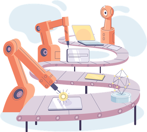 Industrielles Förderband mit Roboterarbeit  Illustration