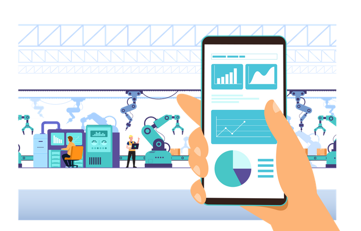 "Industry 4.0 monitoring app on smartphone and smart automated production line workflow with workers and robots machine on background, Artificial intelligence. Vector illustration" Illustration