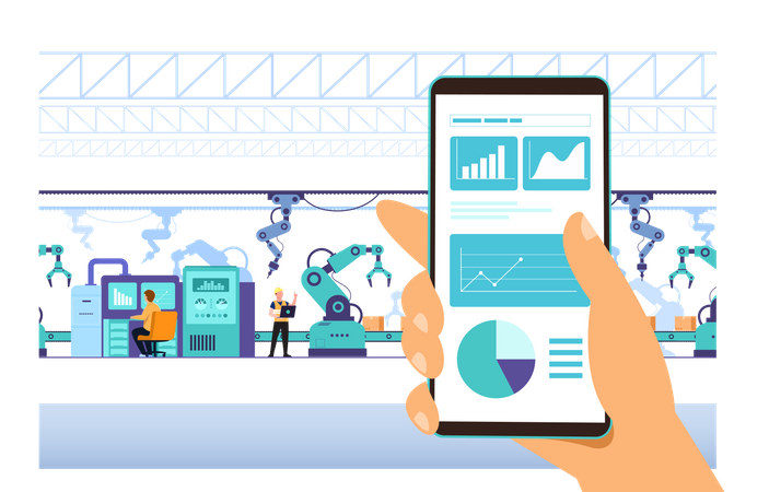 "Industry 4.0 monitoring app on smartphone and smart automated production line workflow with workers and robots machine on background, Artificial intelligence. Vector illustration"  Illustration