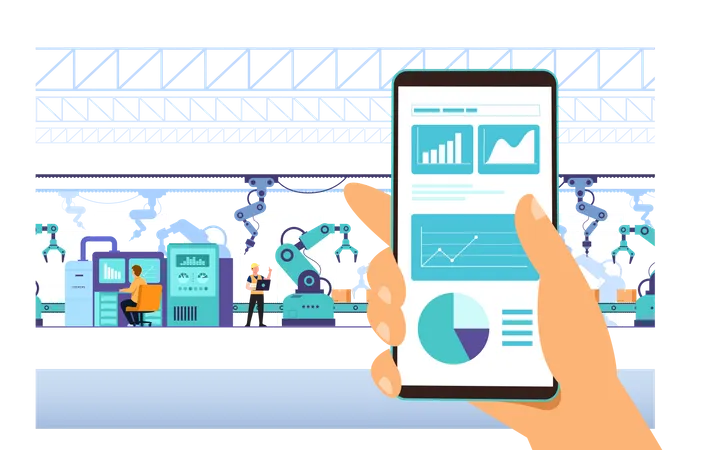 "Industry 4.0 monitoring app on smartphone and smart automated production line workflow with workers and robots machine on background, Artificial intelligence. Vector illustration"  Illustration