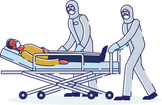 Concept Of Quarantining Infected Patients Doctors In Protective Coveralls Carrying On Medical Stretcher Sick Infected Man Into Quarantine Zone Cartoon Linear Outline Flat Style Vector Illustration Illustration