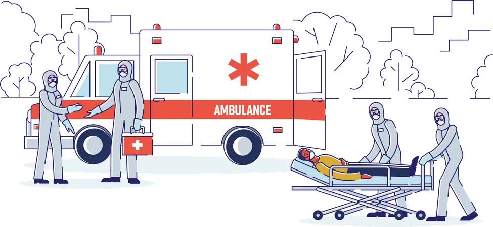 Isolation Of Infected Patients Concept Ambulance Brigade In Protective Coveralls Carry On Stretcher Bed Sick Infected Man Into Ambulance To Isolate Cartoon Linear Outline Flat Vector Illustration Illustration
