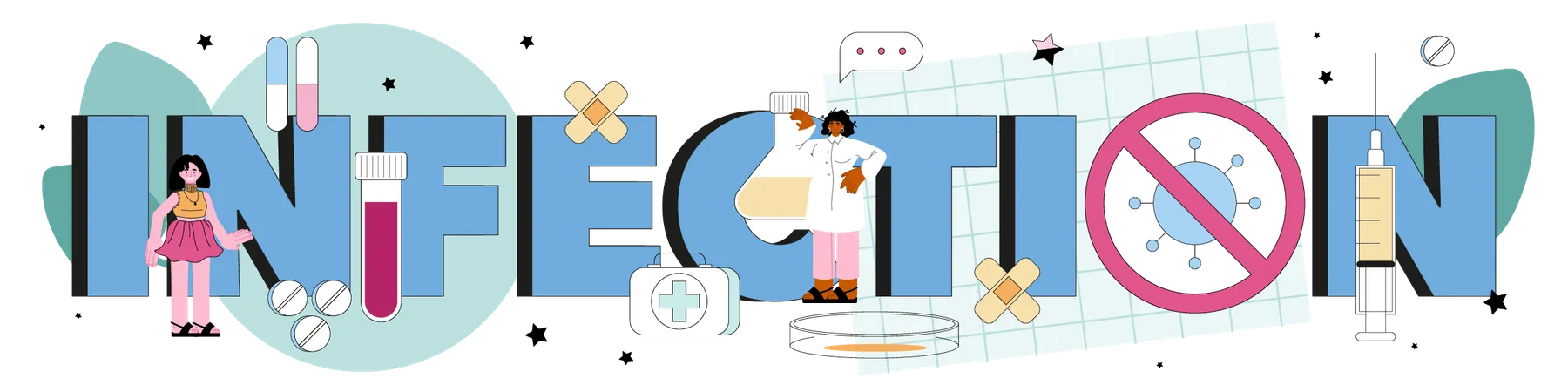 Infection Typographic Header Infection Disease Specialist Treating Infectious Disease Virus And Respiratory Infection Outbreak Emergency Help Flat Vector Illustration Illustration