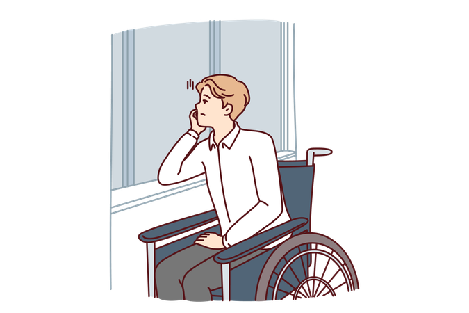Un infeliz discapacitado se sienta en silla de ruedas y tristemente mira por la ventana  Ilustración