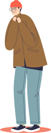 Un joven infeliz y congelado con abrigo y sombrero tiembla sufriendo de frío al aire libre  Ilustración