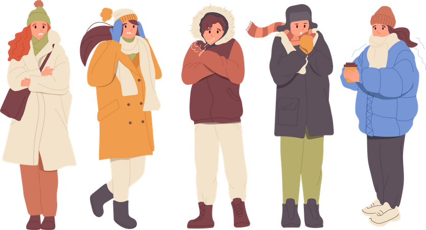 Personagens de pessoas infelizes e congeladas, vestindo roupas quentes de inverno, tremendo, sentindo frio e indisposição  Ilustração