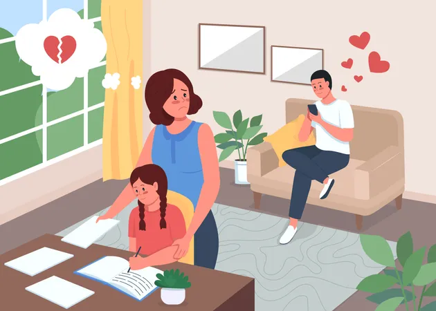 Infidelity Flat Color Vector Illustration Cheating Husband Wife Worry About Spouse Child Doing Homework Relationship Problem Family 2 D Cartoon Characters With Home Interior On Background Illustration