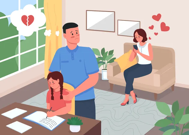 Infidelity Problem In Family Flat Color Vector Illustration Woman Chatting On Mobile Phone Jealous Husband Daughter Study Family 2 D Cartoon Characters With Home Interior On Background Illustration
