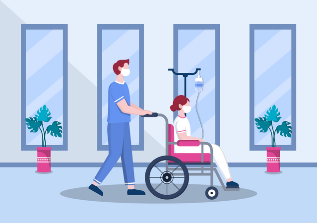 Infirmier aidant un patient en fauteuil roulant  Illustration