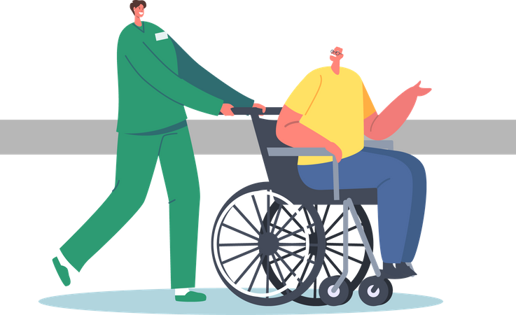 Infirmier aidant un vieil homme handicapé  Illustration