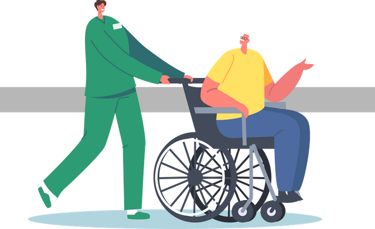 Infirmier aidant un vieil homme handicapé  Illustration