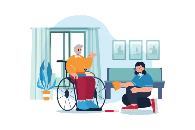 Infirmière aidant un homme handicapé  Illustration