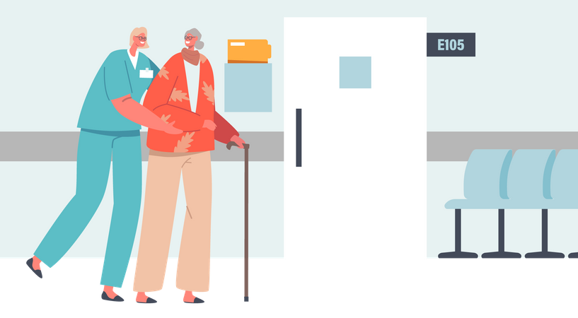 Infirmière aidant le patient à marcher  Illustration