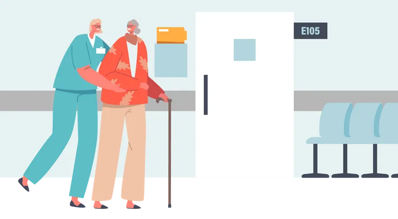 Infirmière aidant le patient à marcher  Illustration