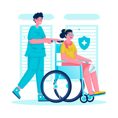 Infirmière aidant un patient en fauteuil roulant  Illustration