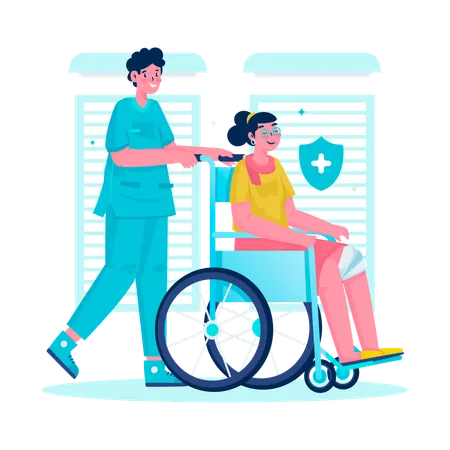 Infirmière aidant un patient en fauteuil roulant  Illustration