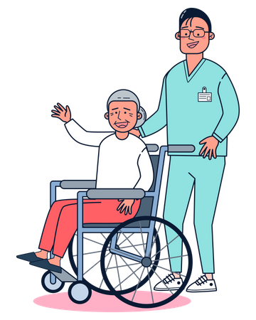 Infirmière aidant un vieil homme handicapé  Illustration