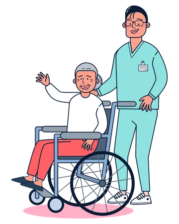 Infirmière aidant un vieil homme handicapé  Illustration