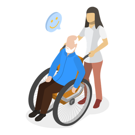 Infirmière aidant un vieil homme en fauteuil roulant  Illustration