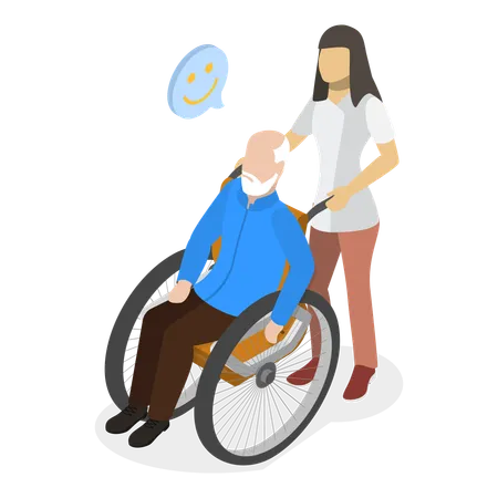 Infirmière aidant un vieil homme en fauteuil roulant  Illustration