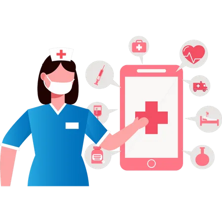 Infirmière montrant une application médicale en ligne  Illustration