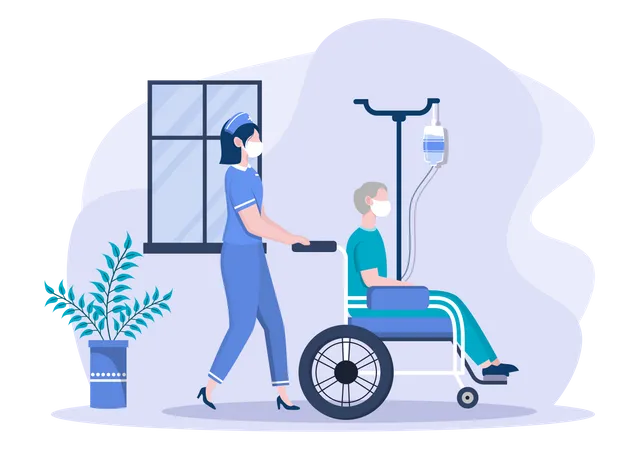 Infirmière poussant le patient sur un fauteuil roulant  Illustration