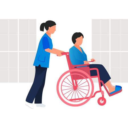 Infirmière transportant un patient en fauteuil roulant  Illustration