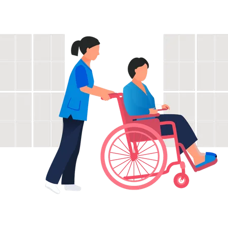 Infirmière transportant un patient en fauteuil roulant  Illustration