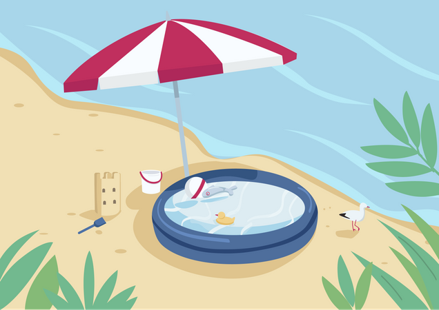 Inflatable pool and sun umbrella on sand beach Illustration