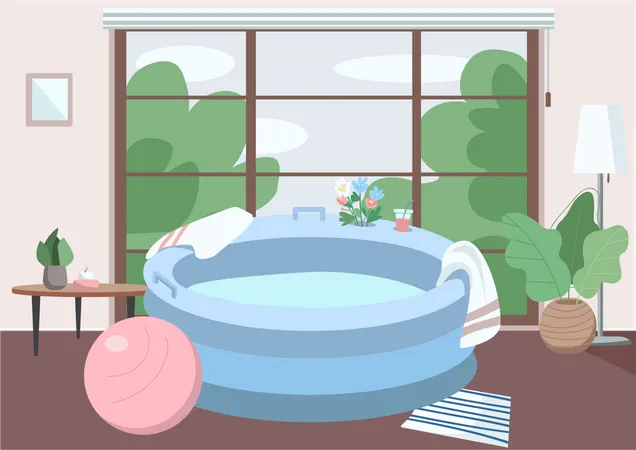 Inflatable Tub At Home Flat Color Vector Illustration Prepared Place For Lamaze Technique Childbirth Furniture For Alternative Birth House 2 D Cartoon Interior With Window On Background Illustration