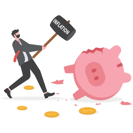 Inflation Causing Money Value Decreased Or Recession Make Stock Market Crash Pension Fund Losing Value Or Business Bankruptcy Concept Big Hammer With The Word Inflation Hit Broken Piggy Bank Illustration