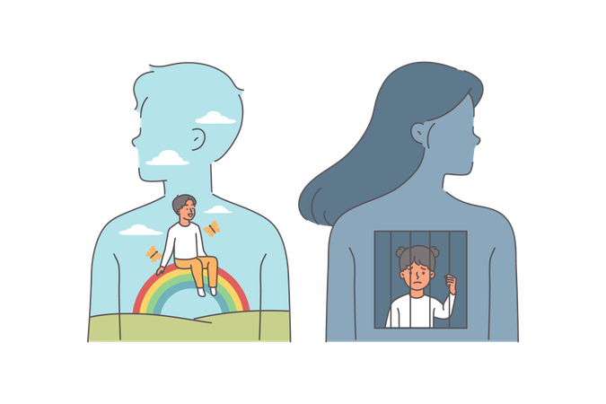 Influence childhood on psychological health of man and woman who experienced happy and unhappy youth  Illustration