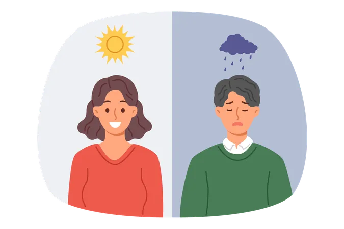 Influence climate on mood causes joy in woman during sunny weather or sadness in guy when it rains  Illustration