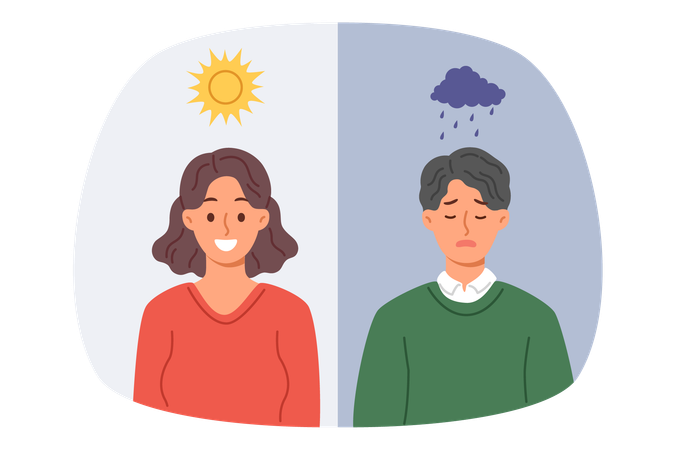 Influence climate on mood causes joy in woman during sunny weather or sadness in guy when it rains  Illustration