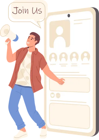 Influence Marketing Social Media Network Promotion Campaign Concept Flat Cartoon Young Man Blogger Character Holding Loud Speaker Inviting To Join Us Sanding Nearby Huge Smartphone Vector Illustration Illustration