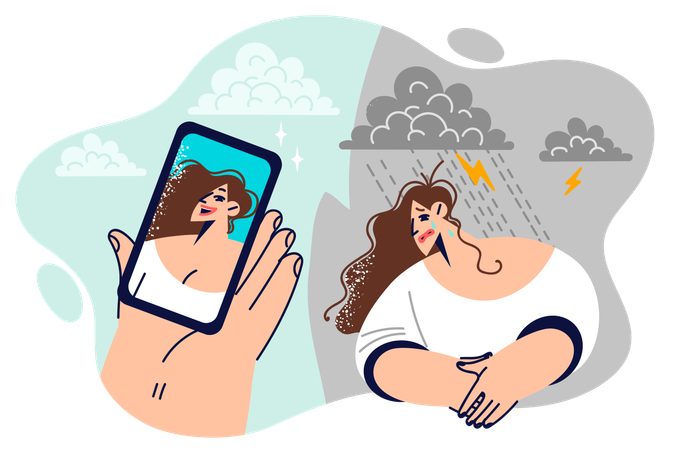 Influence of social networks on psyche woman who gets upset after seeing cheerful friends on phone  Illustration