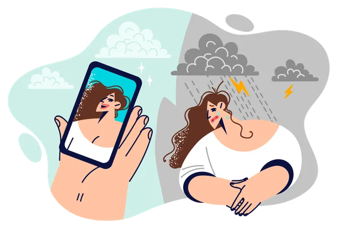 Influence of social networks on psyche woman who gets upset after seeing cheerful friends on phone  Illustration