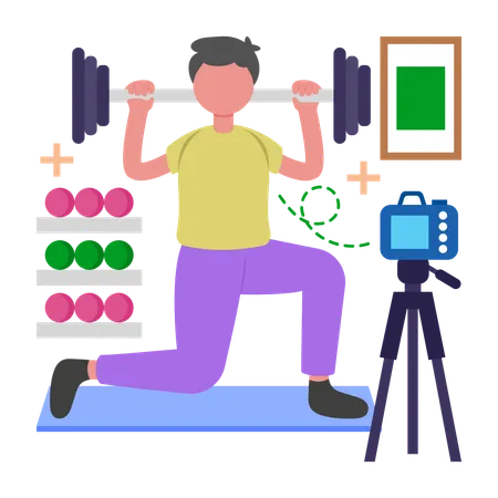Influencer de fitness haciendo un vídeo de gimnasio  Ilustración