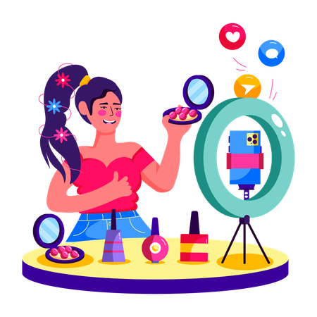 Influencer femenina creando vídeo de productos cosméticos  Ilustración